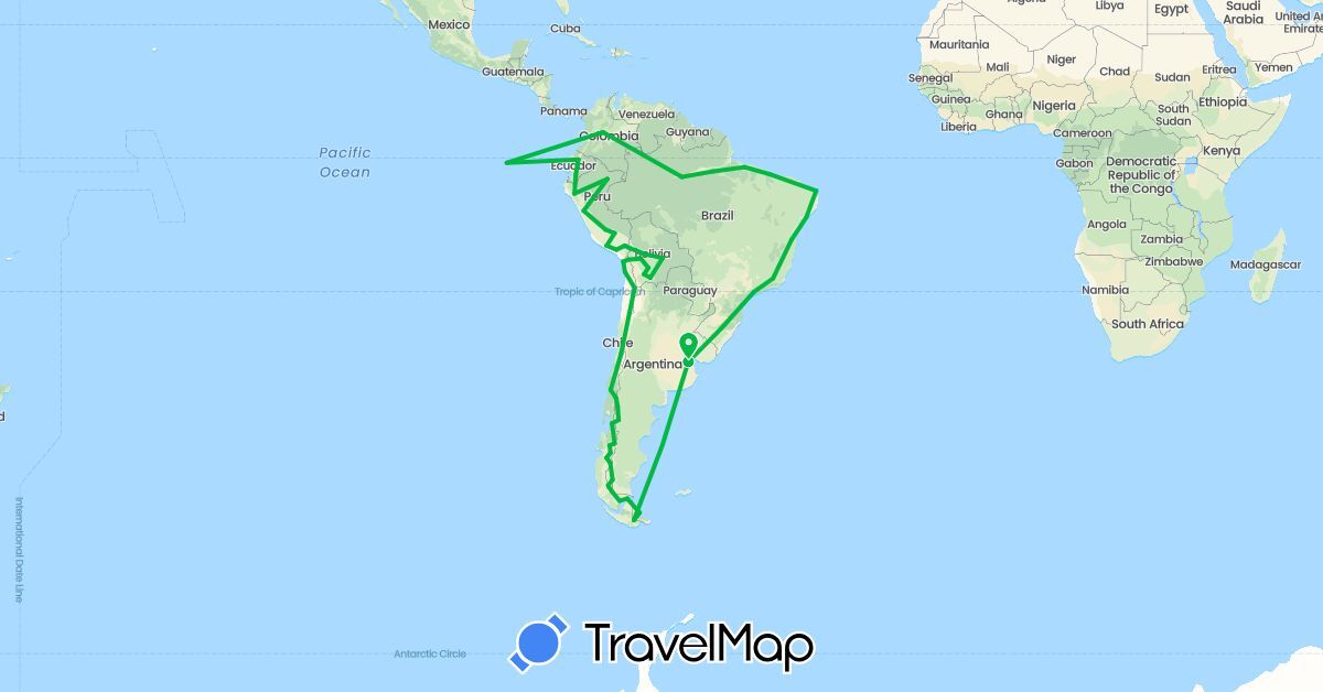 TravelMap itinerary: driving, bus in Argentina, Bolivia, Brazil, Chile, Colombia, Ecuador, Peru (South America)
